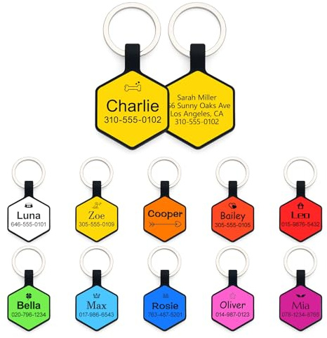 Dog Tags for Pets Engraved UK, Personalised Silicone Dog Tag with Any Name & Text, Custom Dog Name Tag for Pet Dog, Soundless No More Jingling Dog Id Tags for Dogs (Hexagon Style, Yellow)