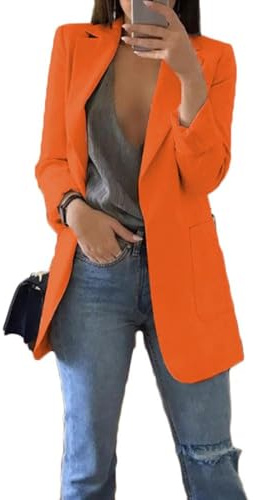 Generisch Blazer Veste longue élégante pour femme - Veste longue d'affaires - Veste slim - Manteau pour femme - Cardigan - Costume imprimé - Blazer élégant, C orange., XL