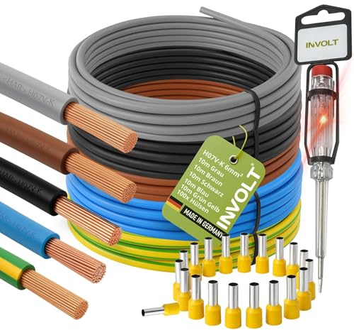 INVOLT H07V-K kabelkabel 6 mm² set, 5 x 10 m kabel, 100 ledarändhylsor, fastestare