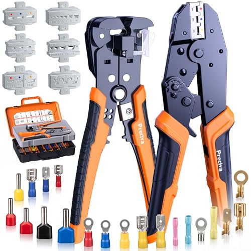Preciva Crimpzange Set mit 6 Wechselbacken & Automatischer Abisolierzange, 8-in-1 Profi Kabelschuhzange inkl. 285 Terminals, Ratschen-Presszange für Aderendhülsen, Solar & Flachstecker im Koffer
