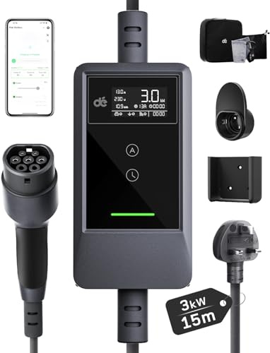 dé EV Charger 3 Pin Plug 15m with App, 3kW 6-13A Granny Charger with IP66 & Type A RCD Protection, Adjustable 3 Pin EV Charger, Electric Car Charger for Model Y/3, Q4, Enyaq and other Type 2 EVs/PHEVs