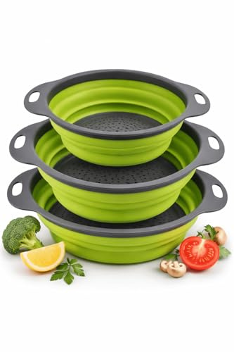 Brown Feather Silicone Colanders - 3Pcs Collapsible Sieves for Kitchen, Cooking Strainer Sieve for Rice Pasta Washer, Drainer Collander for Fruit Vegetable Washer Basket with Handle, seive Noodle