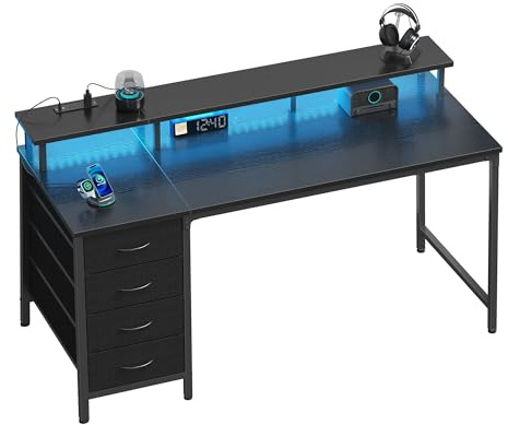 DUMOS Computer Desk with 4 Drawers,4 Drawer Gaming Desk with Power Outlets and LED Lights,Office Desk for Small Spaces with Monitor Shelf,Writing Desk for Home Office, Bedroom,Study 39 Inch Black