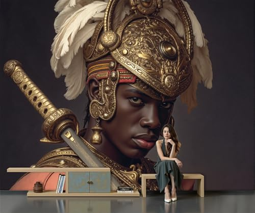 GSAEIMCT Black Warrior Wallpaper, Golden Yellow Classical Africa Wallpaper for Living Room, Bedroom, Silk Decor Wall Paper, Photo Mural Dining Room, Hallway, Lounge, 450X300Cm
