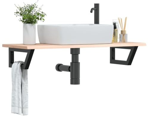GeenYuu Waschtischplatte aus massivem Eichenholz mit Stahlhalterung, 100 x 40 cm, belastbar bis 100 kg, platzsparende Ablage für Badezimmer, Gäste WC und Waschraum