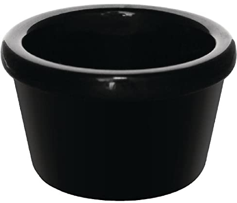 Olympia Kristallon Melamine Plain Ramekins 63mm (12 Pack), Black | Shatter-resistant resin avoids ceramic breakage, handles -20°C to 120°C temperatures, with a 43ml portion control capacity.