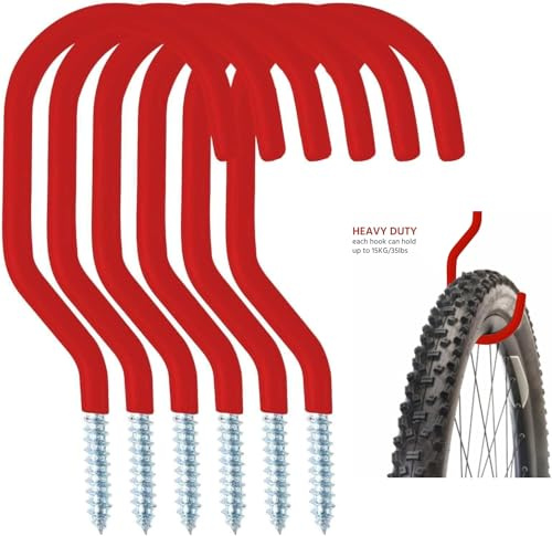 Hyfive 6 Pack Heavy Duty Garage Hooks/Bike Hooks, Wall/Ceiling Mounted, Up to 15KG, Red, Stainless Steel & Plastic