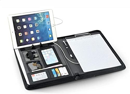 Schreibmappe A4 Konferenzmappe PU Leder Ordner mit Power Bank,Tablet Organizer mappe mit Reissverschluss Trennblätter Legal Pad Dokumentenmappe Klemmbrett mappe Businessmappe Schnellhefter Ordner Blau