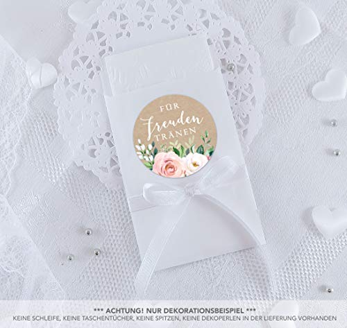 Freuden Tränen Taschentücher Set zur Hochzeit Groß 48 Sticker + 48 weiße Flachbeutel 63 x 93 mm Freudentränen Taschentuch Verpackung BOHO HIPPIE ROSEN EUKALYPTUS KRAFTPAPIER APRICOT ROT ROSA