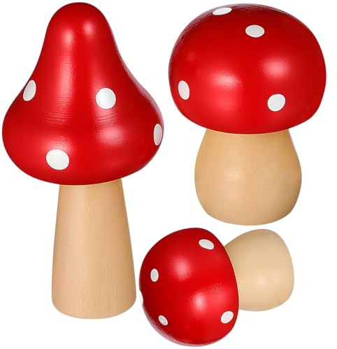 Healifty 3Pcs Solid Wooden Mushroom Ornaments Red Miniature Fairy Garden Desktop Decor for Home Office Garden Decorations