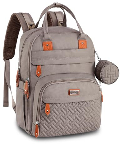 BabbleRoo Baby Changing Bag Backpack, Nappy Changing Back Pack Diaper Bags with Changing Mat & Pacifier Holder for Mom & Dad (Khaki)