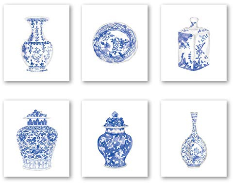 XUOIAYNB Chinoiserie - Lienzo decorativo para pared (6 unidades), diseño de jarrón de porcelana, color azul y blanco chino (20,5 x 25,4 cm)
