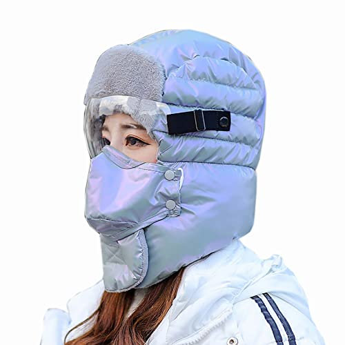 Winter Trappermütze für Damen, Winddicht Warm Wintermütze mit Ohrenklappen Thermo Bombermütze, Fliegermütze Trapper Hut Uschanka für Snowboarden Skaten Radfahren,Grau,with Goggles