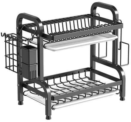ZAPZEAL Dish Drying Rack, 2 Tier Dish Drainer with Drip Tray Cup Holder, Dish Rack with Utensil Holder, Large Capacity for Kitchen Countertop Saving Space (Black)