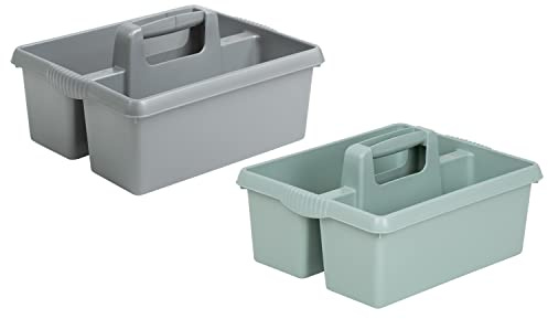 JMS Create Smile: Set of 2 Cleaning Caddy with Handles (Plastic Caddy with Multi Compartment Organiser for Kitchen Bathroom - Silver + Silver Sage)