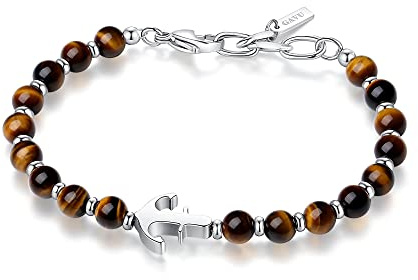 GAVU Pulsera para Hombre con Cuentas de Ojo de Tigre y Dije de Ancla de Acero Inoxidable, Pulsera Surfera Hombre
