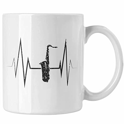 Trendation - Saxophon Tasse Geschenk Herzschlag Saxophonist Kaffeebecher Geschenkidee Lustig (Weiß)