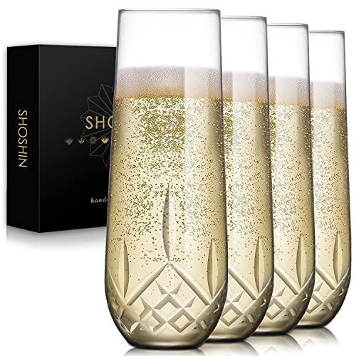 SHOSHIN Stemless Champagne Flutes Crystal, Hand Cut Champagne Glasses Set of 4, 9.5 Oz Champagne Toasting Glasses, Handmade Gift for Birthday, Wedding, Anniversary