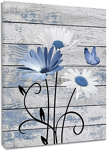 HVEST Farmhouse Floral Wall Art for Living Room, Blue and White Daisy Flower and Butterfly on Rustic Wood Board Canvas Wall Art Framed Artwork Ready to Hang for Bathroom Bedroom Decor, 16L X 12W