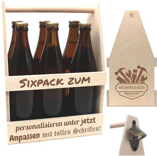 HEIMWERKER-Bierträger personalisiert Sixpack Flaschenträger Bierträger aus Holz mit Gravur Männerhandtasche mit Namen Geburtstagsgeschenk für Heimwerker Biergeschenk Vatertag für Männer Männertag
