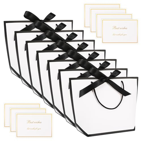 Partideal Geschenktasche Set, 7 Geschenktüten mit Schleifenbändern + 7 Grußkarten, 19x9x20cm Papiertüten mit Henkel Geschenke Tüten Gift Bag Geschenktüte für Geburtstag Hochzeit Feier Party Weihnachte