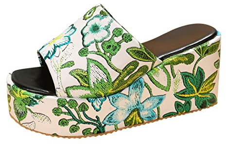 Moda Primavera Estate Donna Sandali Piattaforma Suola Spessa Zeppa Tacco Alto Tacco Stampa Fiore Slip On Open Toe Confortevole Casual Donna Taglia 6 Sandali, Verde, 39 EU