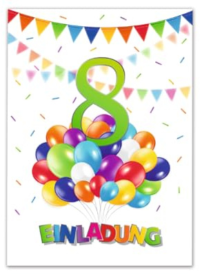 Junaversum 12 Einladungskarten zum 8. Kindergeburtstag Jungen Mädchen Luftballons Einladungen achte Geburtstag Kinder