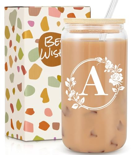 Gifts for Women, Birthday Gifts for Women, Personalised Monogrammed Gift, 16oz Initial Glass Cup with Lids Straws, Personalised Custom Cute Glass Cup for Mom, Teachers, Friends, Initial A