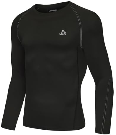 AMZSPORT Maglia a Compressione a Maniche Lunghe per Uomo, Maglie Funzionale Traspirante per Uomo, Maglietta Sportiva Asciugatura Rapida per Fitness, Corsa, Palestra e Jogging Argento Nero M
