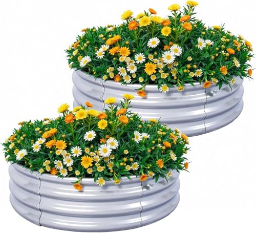 KINI MOX 2Pcs Raised Garden Bed 3x3x1 FT Round Galvanized Metal Raised Garden Boxes Outdoor Planter Box for Vegetables Flowers Herb (3×3×1 FT / 90 * 90 * 29 CM)