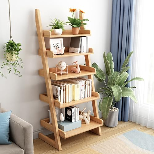 YVYKFZD 5 Tier Bookshelf, Ladder Bookcase Tower, Wood Corner Display Storage Rack, Floor Standing Book Shelf Plant Flower Organizer Space Saver, for Bedroom Living Room Study(Wood)
