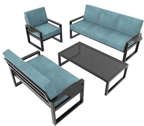 MetaloPro Gartenmöbel-Set, Gartengarnitur, 1x Dreisitzer, 1x Zweisitzer, 1x Einzelsessel, 1x Metalltisch, Metallrahmen mit Cordstoff Kissen, Terrassenmöbel, Outdoor Set, für Terrasse, Balkon, Garten