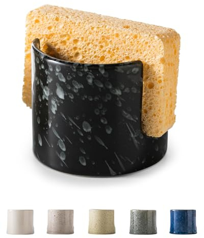 Zoeeker Sponge Holder for Kitchen, Ceramic Sink Caddy Scrub Sponge Rack Dish Rack Scrubbers Holder for Kitchen Sink, Bathroom, Black | Dish Brush Rack Scrubbers Holder Scouring Pad Holder for Kitchen Sink, Bathroom, Kitchen Storage Organizer Accessories, Black