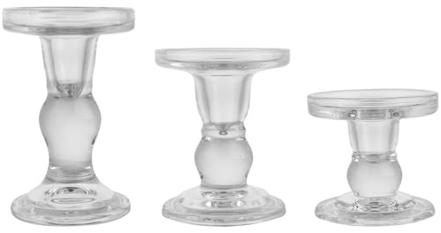 BTGLLAS Glass Candle Holders, 3 Pieces Crystal Clear Candlesticks With Elegant Design for Pillar Taper Candle and Tea light, Home Table Living Room Wedding Party Decorations Home (clear-3pcs)
