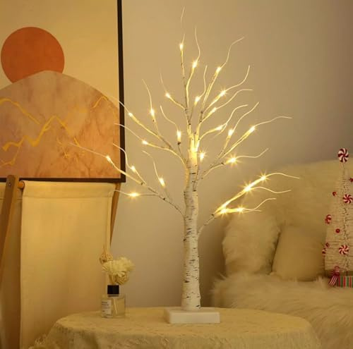 Aston White Trees with Lights, 2FT/60cm, 24 Warm White LEDs USB & Battery Operated Birch tree Desk Light Table Festive Tree Decoration for Easter Xmas Home Party Tabletop Wedding Bedside Lamp
