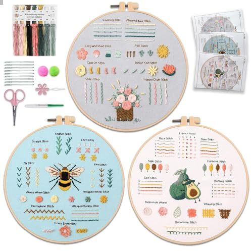 Aucuu Kit di 3 Ricamo Starter, Set da Ricamo per Principianti, 28 punti Diversi, Include Tessuto con Stampe, Fili, Aghi, Telaio, Istruzioni Su carta e Tutorial Video