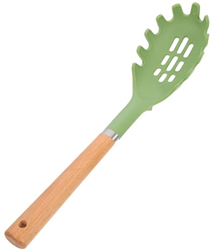 Garneck Cucchiaio Spaghetti in Silicone e Legno Con Anello Acciaio Inossidabile Forchetta Per Pasta Resistente Al Calore Utensile Per Servire Noodles e Spaghetti Strumento Cucina Pratico