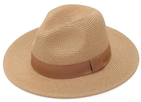 DRESHOW Panamahatt Fedora Solhatt med Brett Brätte och Upprullad Hatt UPF 50+ för Kvinnor