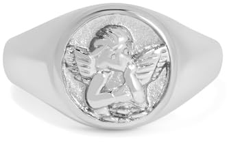 BENIQUE Gold Chunky Signet Stackable Pinky Ring for Women Men, Guardian Angel Cherub, Tarnish-Resistant 18K Gold Plated Stainless Steel Size 3 4 5 6 7 8 9 10 11 (Silver, 3)