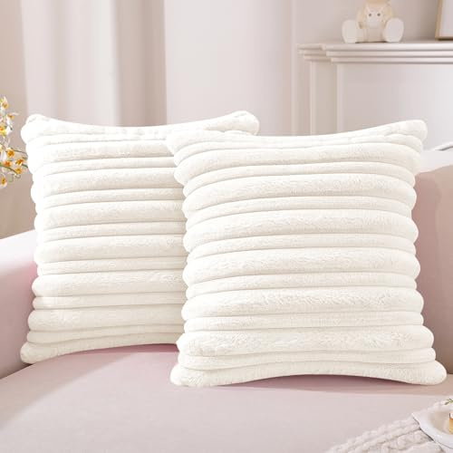 YSTELLAA 2er Set Plüsch Samt Kissenbezug 60x60, Flauschige Dekorative Kissenhüllen, Weiche Künstliche Pelz Kissenbezüge, Sofakissen Bezug Für Wohnzimmer Schlafzimmer, Weiß | Quadratische Kissenhülle aus Kunstpelz, gestreift, Dekoration für Zuhause, Wohnzimmer und Schlafzimmer