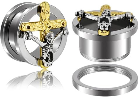 Calefee Ohr Tunnel 8-25mm, Ohrdehner Schraubgewinde Edelstahl mit goldenem Kreuz und Totenkopf, Piercing Schmuck Gotisch 2er Set