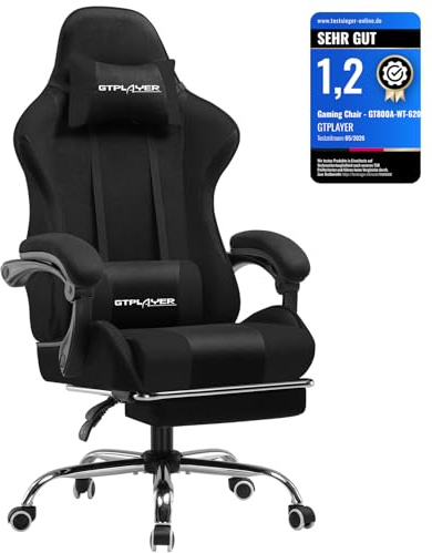 GTPLAYER Gaming Stuhl Stoff, Bürostuhl Massage Gaming Sessel Ergonomischer Gamer Stuhl mit Fußstütze, Kopfstütze Massage-Lendenkissen, Gepolstert Gaming Chair, Drehsessel, Dunkelschwarz