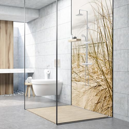 Dedeco Premium Bad Duschrückwand mit Motiv: Dünengras V1, 90x200cm, wasserfest, hochwertige fugenlose Wandverkleidung aus 3mm-Alu-Verbundplatte, Fliesenersatz ohne Bohren, Made in Germany