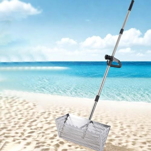 Grand Tamis à Sable de Plage en Acier Inoxydable, Râteau de Puce de Sable avec Poignée de 140 Cm, avec Panier Large Dent Dent Requin pour Pêche aux Appâts, Nettoyage Plage et Jeux Enfants