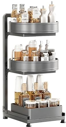 3-stöckige 360° Drehbarer Gewürzregal,Organizer Stehend , Ohne Bohren Lazy Susan, aus Metall Stabil Gewürzhalter für Küche Tisch Arbeitsplatte Schrank- Unterschrank -Waschbecken -Schminktisch-(Grau)