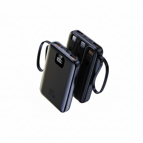 [5-in-1] 22.5W Fast Charging Power Bank 10000mAh, Compact Portable Charger with 4 Built-in Cables & LED Display, 5 Outputs & 3 Inputs Battery Pack for iPhone Android and More (Black, 10000mAh)