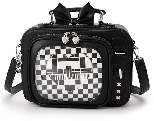 fancybag Women TV Shape Ita Bag Shoulder Bag Ita Backpack Fun female Clear Window Anime Pins Display Purse (ALL BLACK)