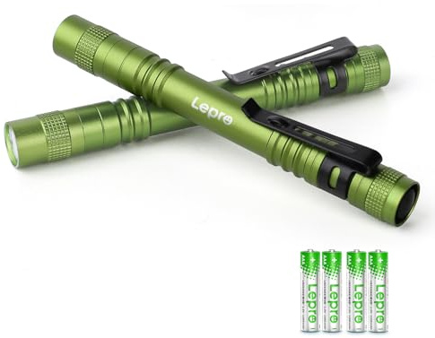 Lepro LED Torch Battery Powered, 2 Pack Pen Torches with Clip, Pocket Sized | 3 Modes, IP44 Waterproof, Slim Small Flightlight for Inspection, Work, Repair and Nurses, Mechanic (Batteries Included),Green