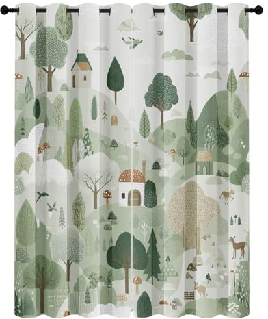 Vorhänge GrüN Wald Bäume Hütte, Waldtiere Karikatur Kinder Vorhang Blickdicht mit Ösen Gardinen, Verdunklungsvorhänge Wärmeschutzvorhang, H225 x B140 cm (2er Set) für Schlafzimmer Wohnzimmer