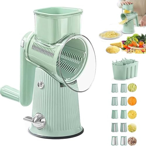 Rallador De Queso 5 En 1, Cortador De Verduras Manual, 10 Cuchillas Intercambiables, Base De Succión For Patatas, Zanahorias, Queso, Chocolate Y Verduras.(Green)